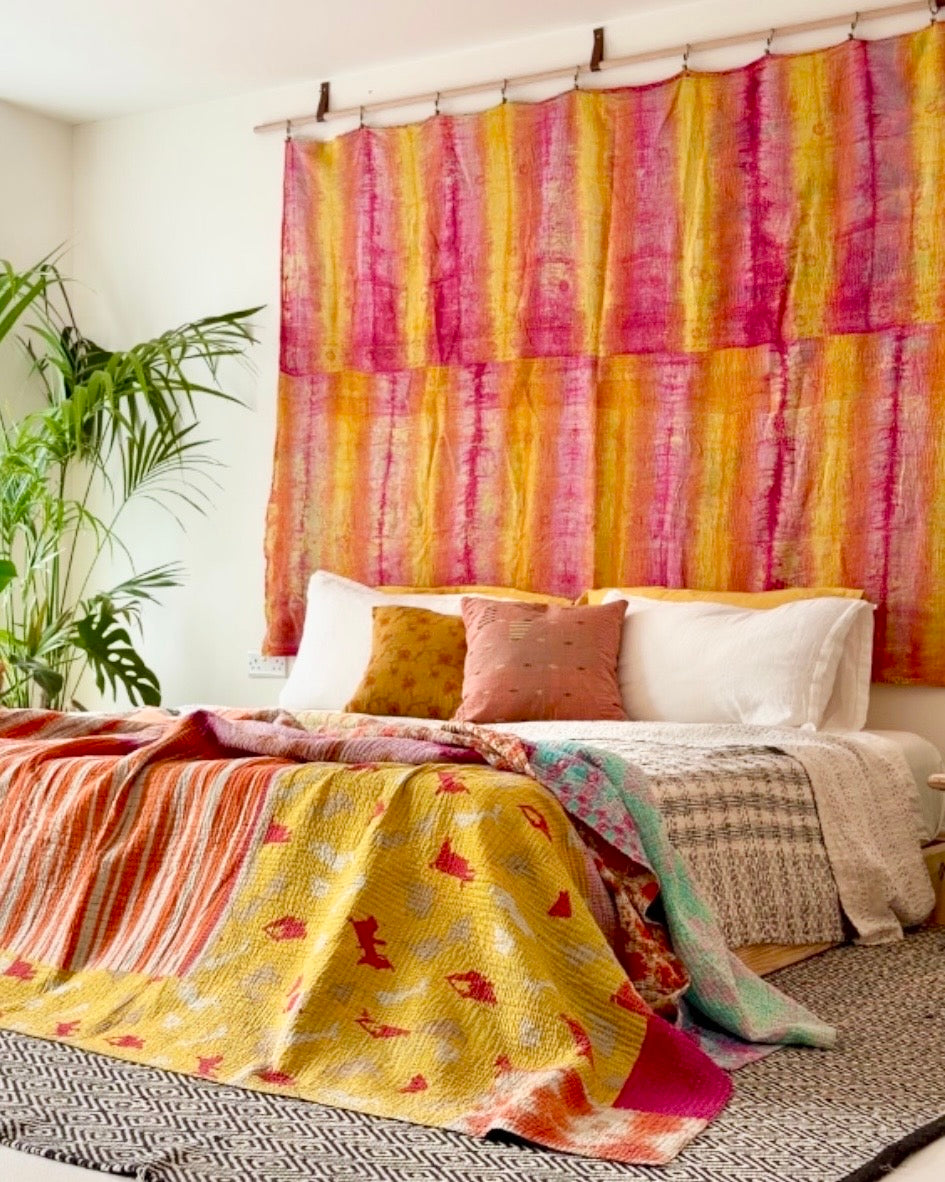 Large Fine Stitched Vintage Kantha Quilt in Pink and Yellow