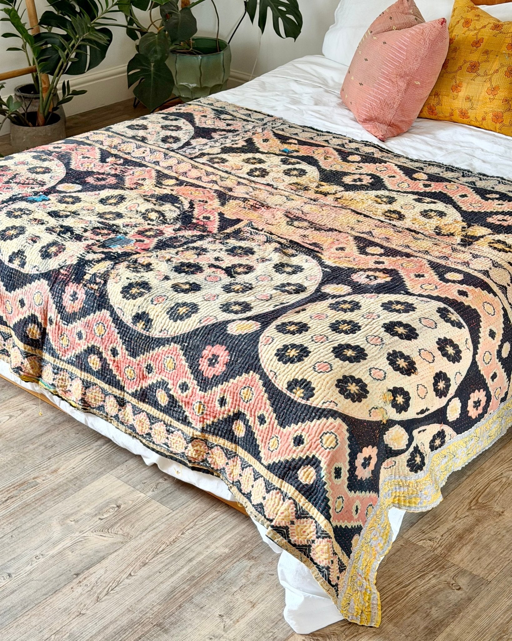 Large Textured Vintage Kantha Quilt In Geometric Peach and Black - Biggs & Hill