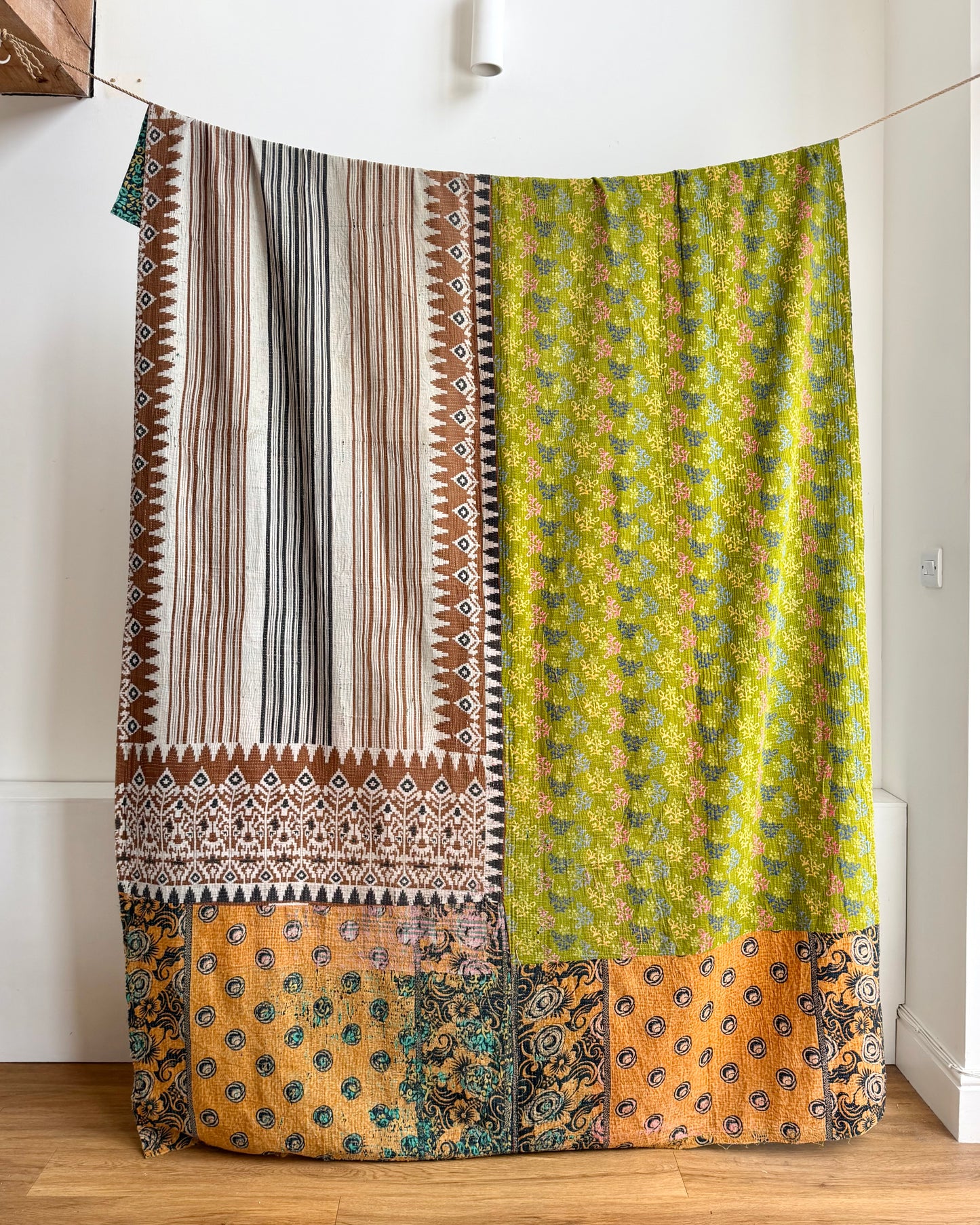 Extra Large Fine Stitched Vintage Kantha Quilt in Vibrant Green and Blue