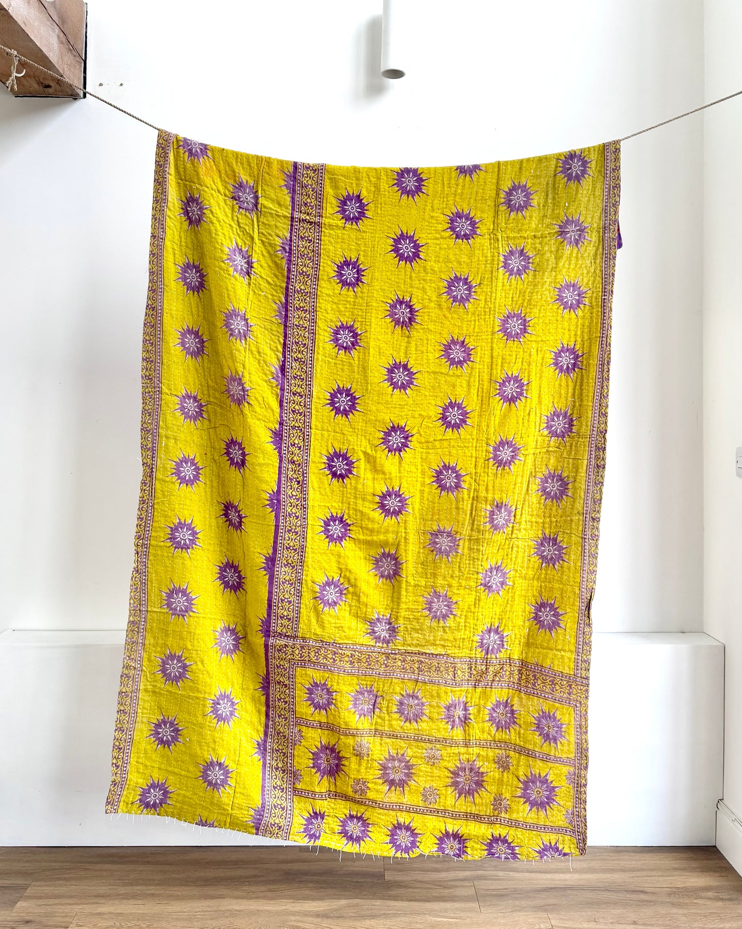 Vintage Cotton Kantha Quilt In Purple and Yellow #41