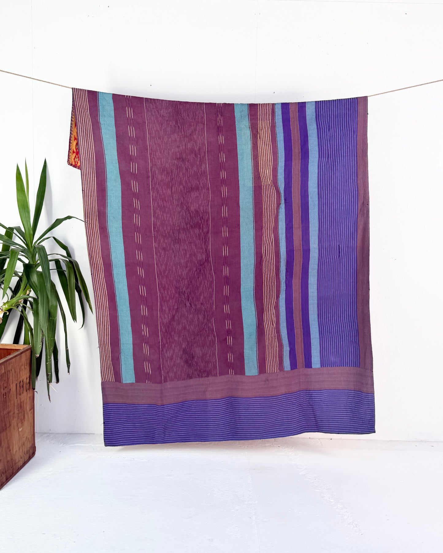 Extra Large Fine Stitched Vintage Kantha Quilt in Mustard Yellow, Red and Blue
