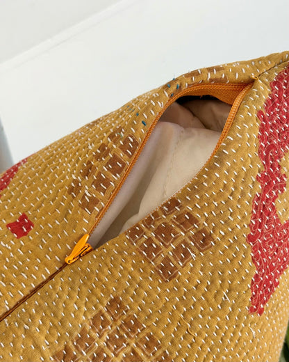 Handmade Vintage Kantha Cushion In Mustard Yellow And Red - Large Rectangular - Biggs & Hill