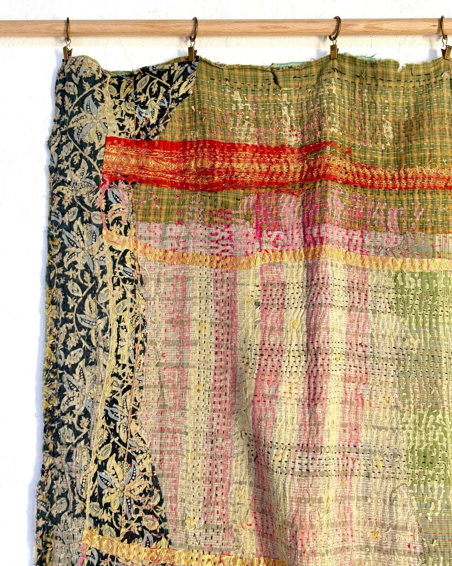 Textured Vintage Kantha Quilt In Green and Gold - Biggs & Hill