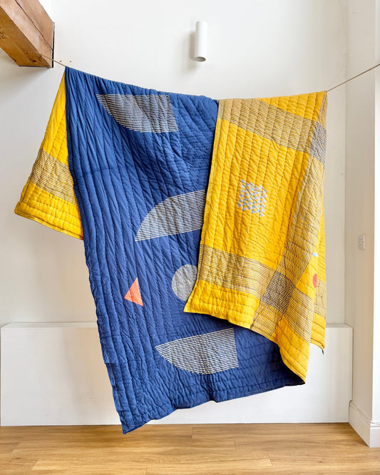 Quilted Kantha In Blue and Yellow With Geometric Patterns - SUPER KING - Biggs & Hill