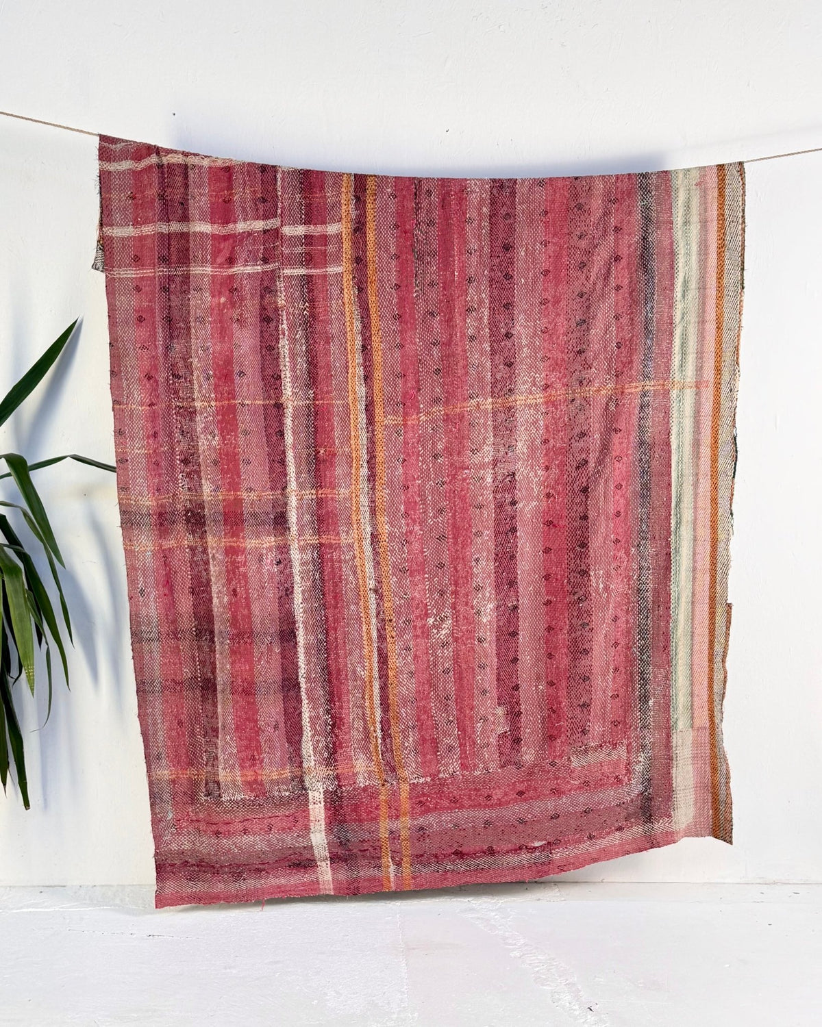 Large Textured Vintage Kantha Quilt In Pink Stripes and Moon Pattern - BED PICTURES - Biggs & Hill