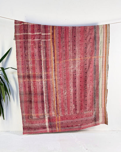 Large Textured Vintage Kantha Quilt In Pink Stripes and Moon Pattern - BED PICTURES - Biggs & Hill