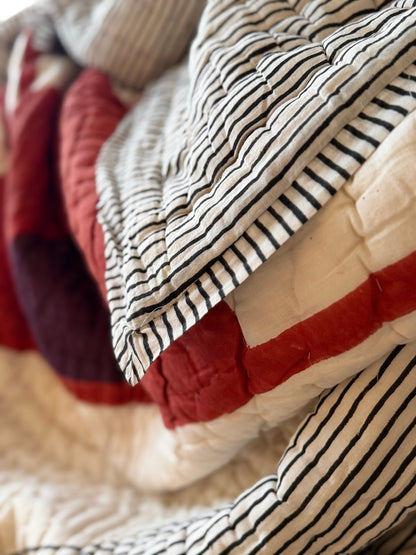 Quilted Kantha With Sun Pattern In Black, White and Red - KING - Biggs & Hill