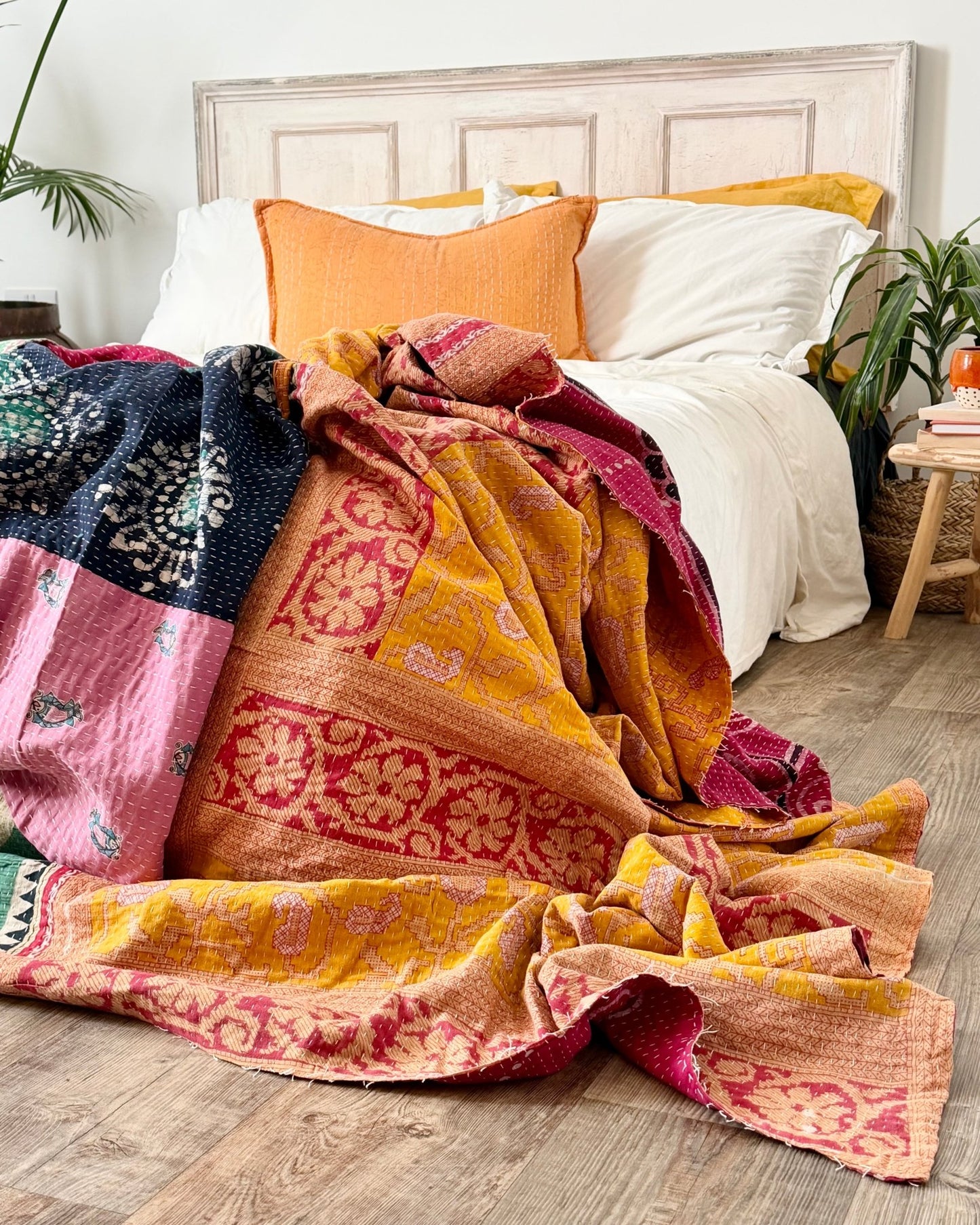 Super King Vintage Kantha Quilt in Pink, Blue and Yellow - Biggs & Hill