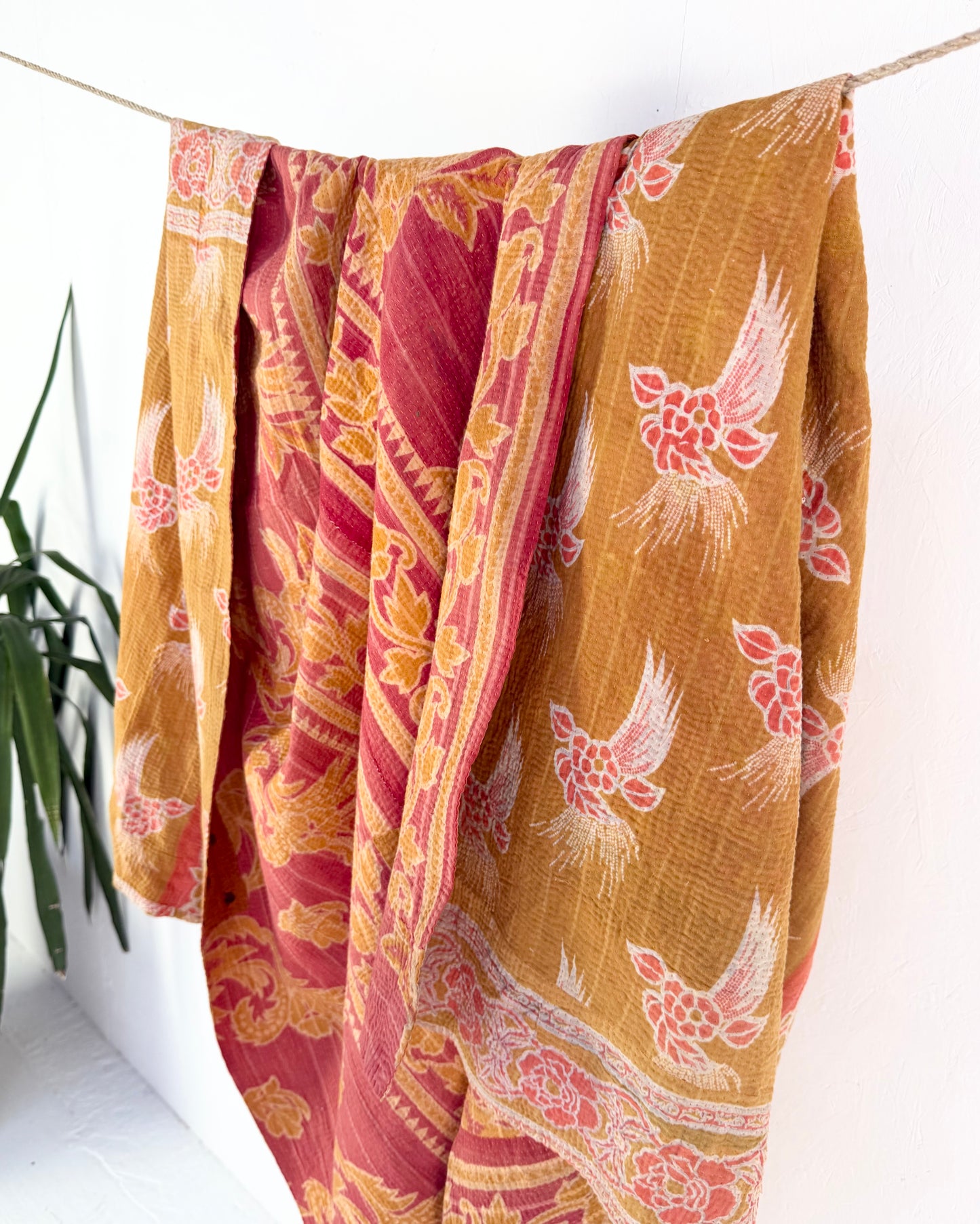 Large Fine Stitched Vintage Kantha Quilt in Mustard and Pink