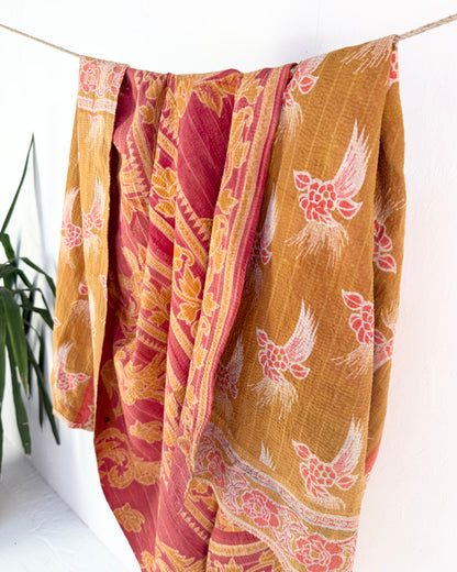 Large Fine Stitched Vintage Kantha Quilt in Mustard and Pink