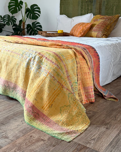 Large Textured Vintage Kantha Quilt In Soft Yellow and Orange