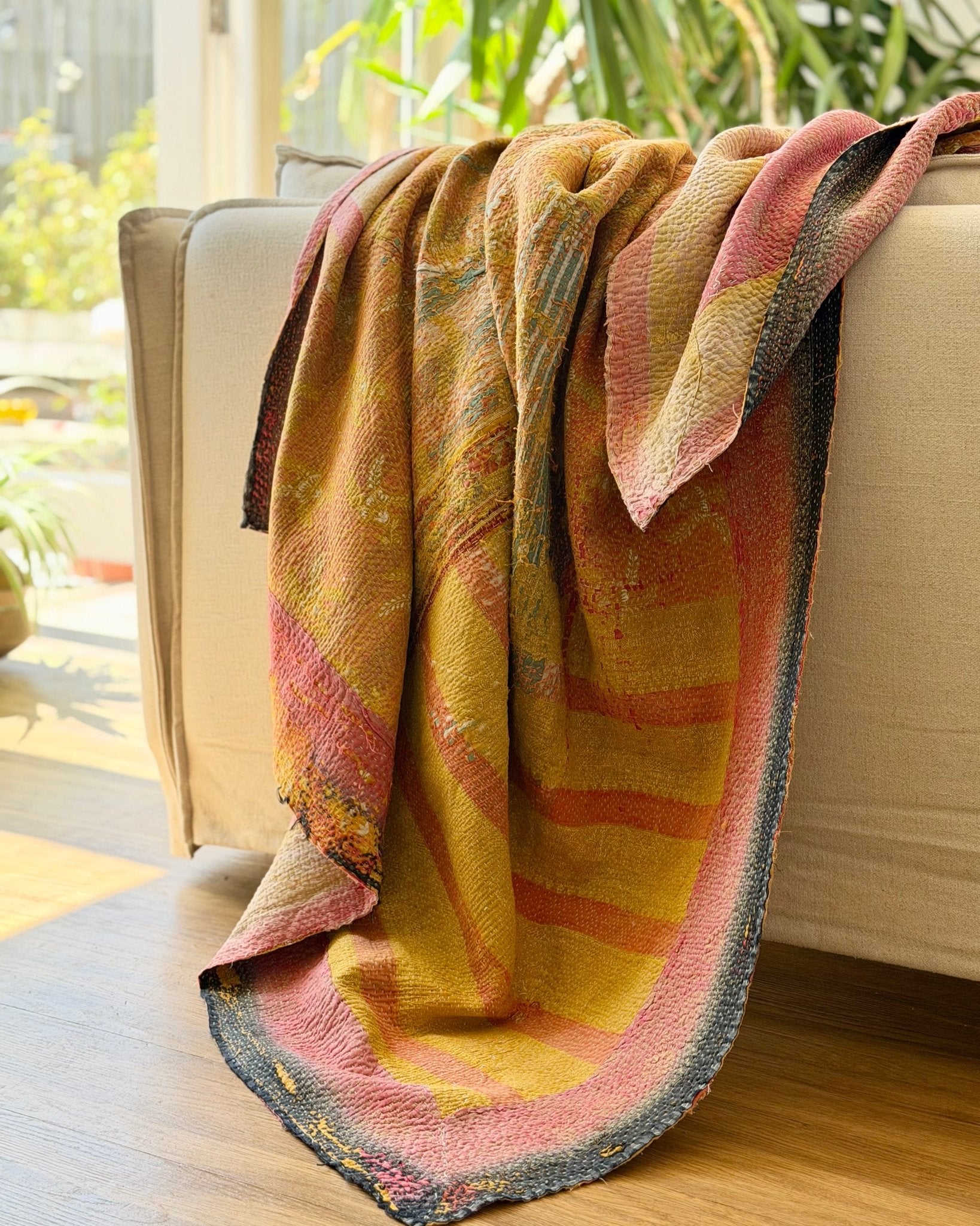 Large Textured Vintage Kantha Quilt In Yellow and Pink - Biggs & Hill