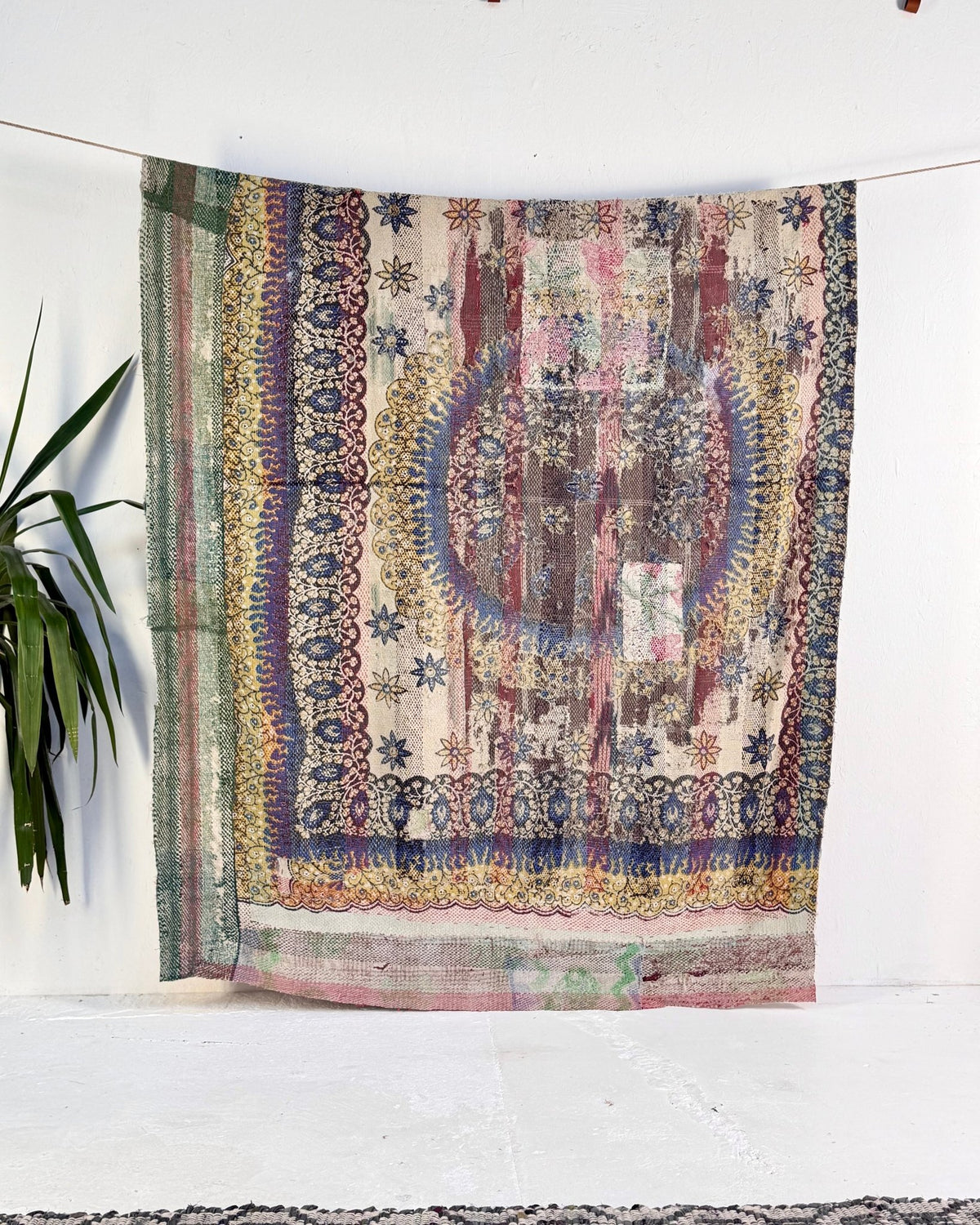 Large Textured Vintage Kantha Quilt In Pink Stripes and Moon Pattern - BED PICTURES - Biggs & Hill