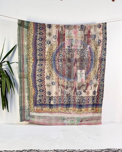 Large Textured Vintage Kantha Quilt In Pink Stripes and Moon Pattern - BED PICTURES - Biggs & Hill