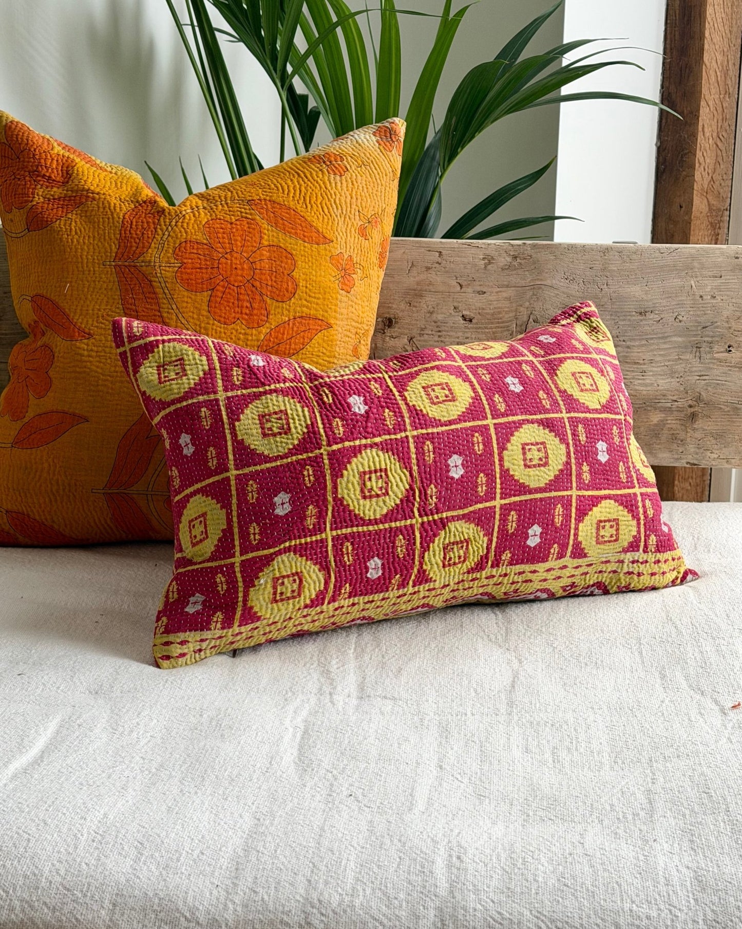 Vintage Kantha Cushion Cover In Lime Green and Pink - Small Rectangular - Biggs & Hill