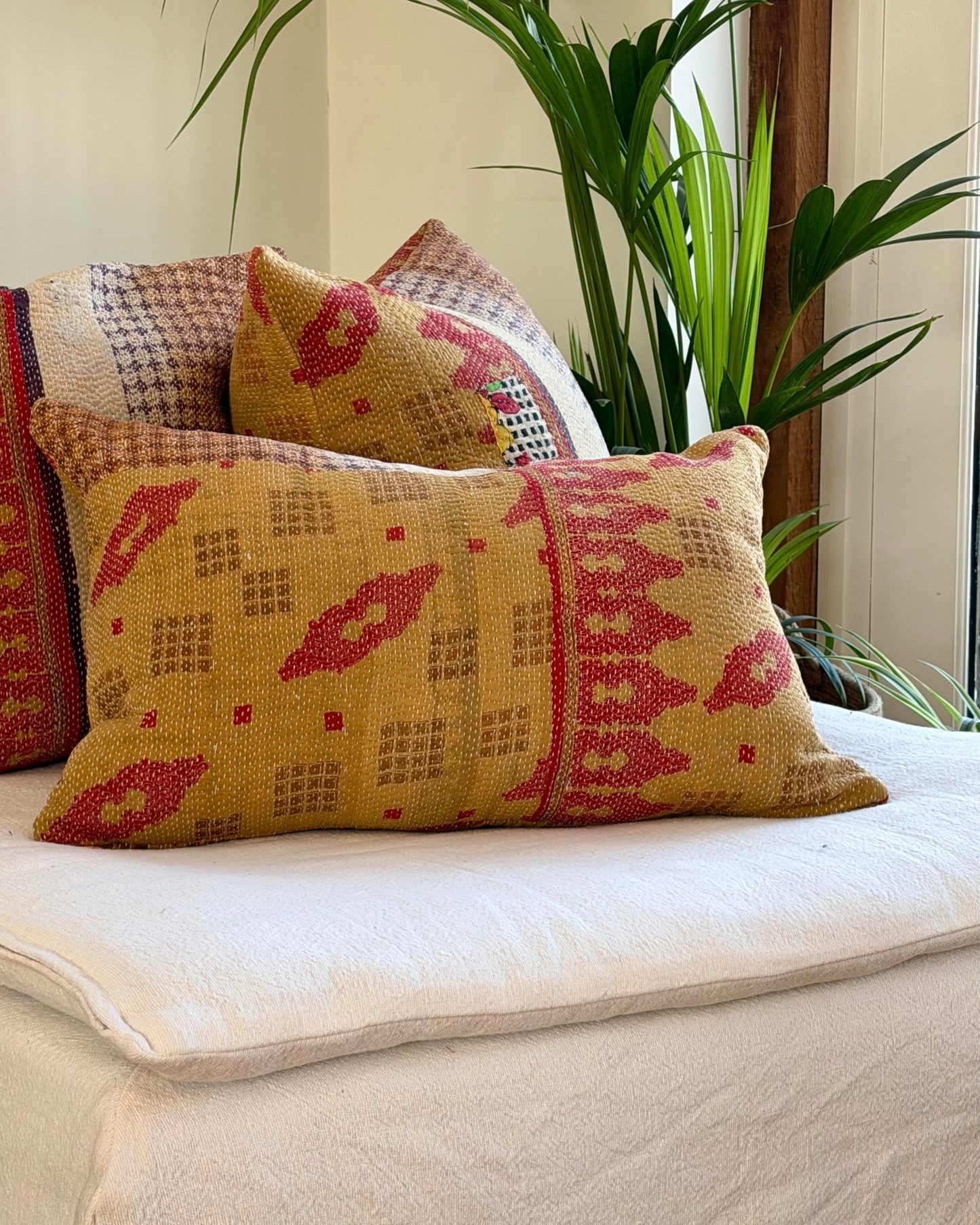 Handmade Vintage Kantha Cushion In Mustard Yellow And Red - Large Rectangular - Biggs & Hill