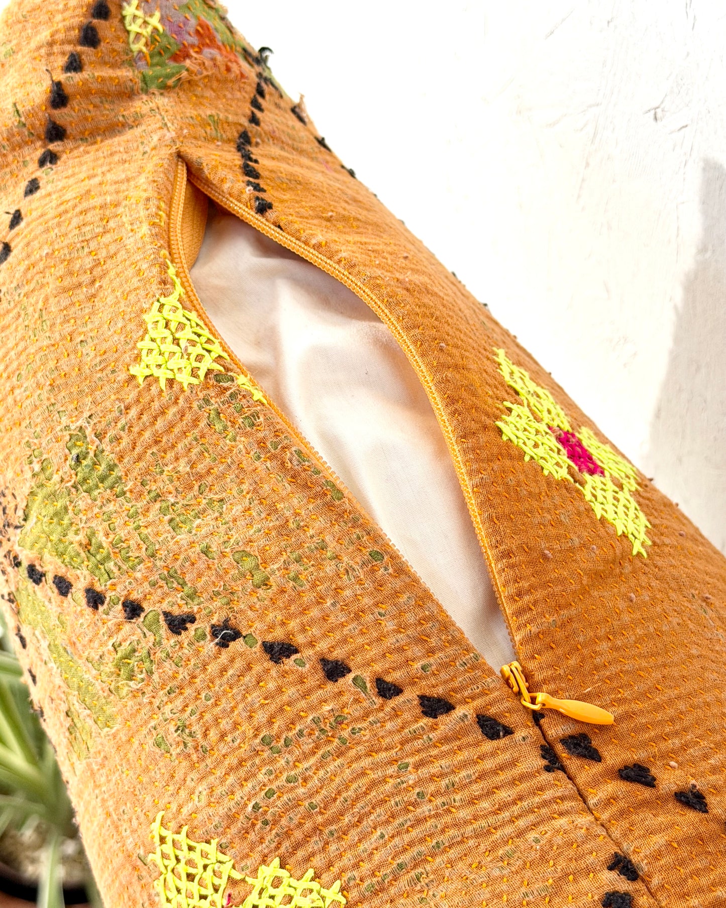 Vintage Kantha Bolster Cushion Cover In Textured Green and Orange 80cm