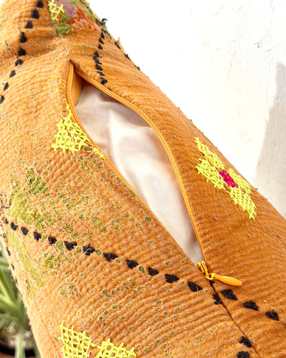 Vintage Kantha Bolster Cushion Cover In Textured Green and Orange 80cm