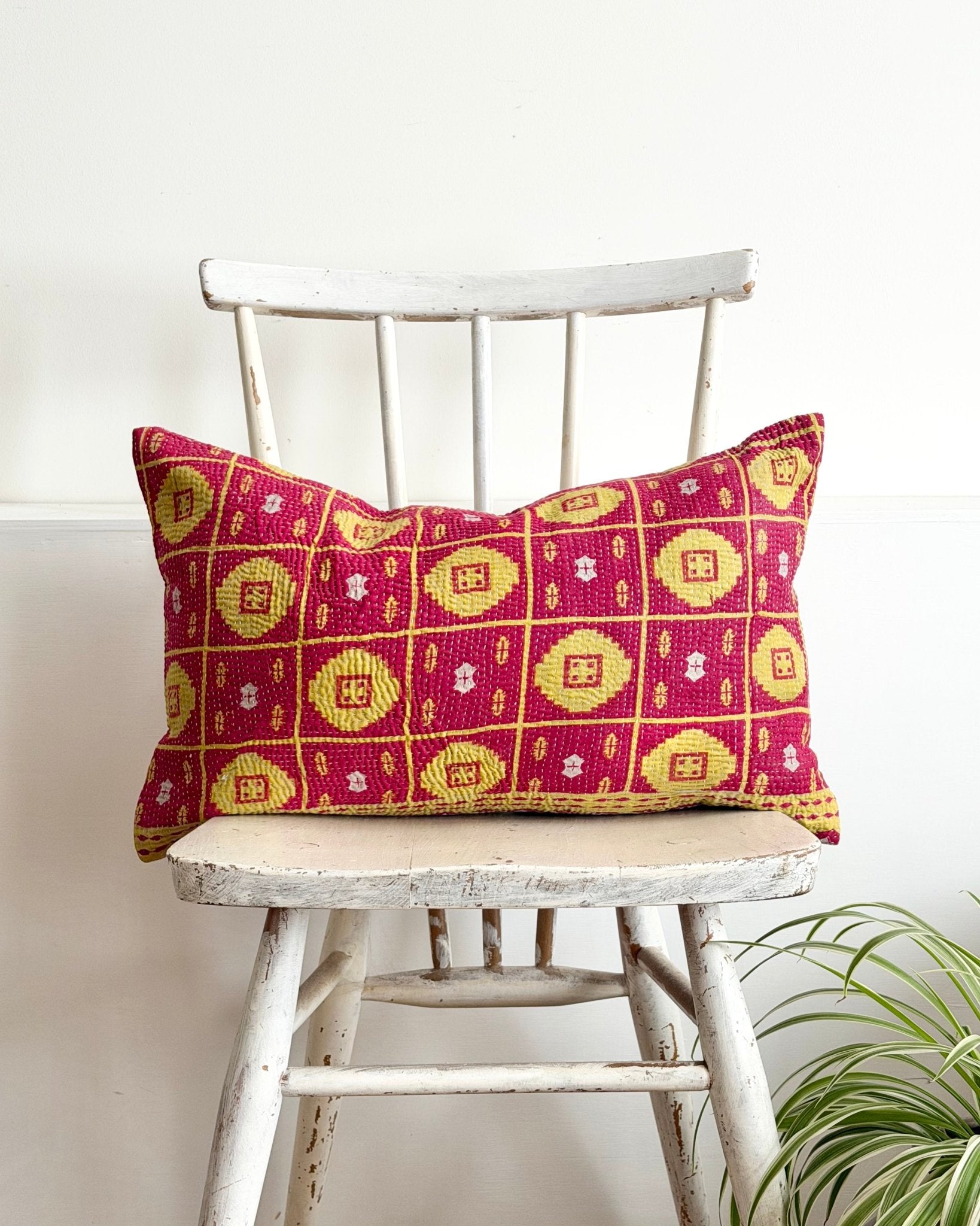 Vintage Kantha Cushion Cover In Lime Green and Pink - Small Rectangular - Biggs & Hill