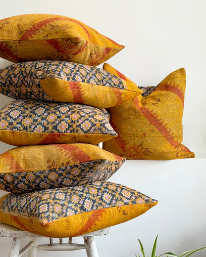 Vintage Kantha Cushion In Yellow and Blue - 45cm Square