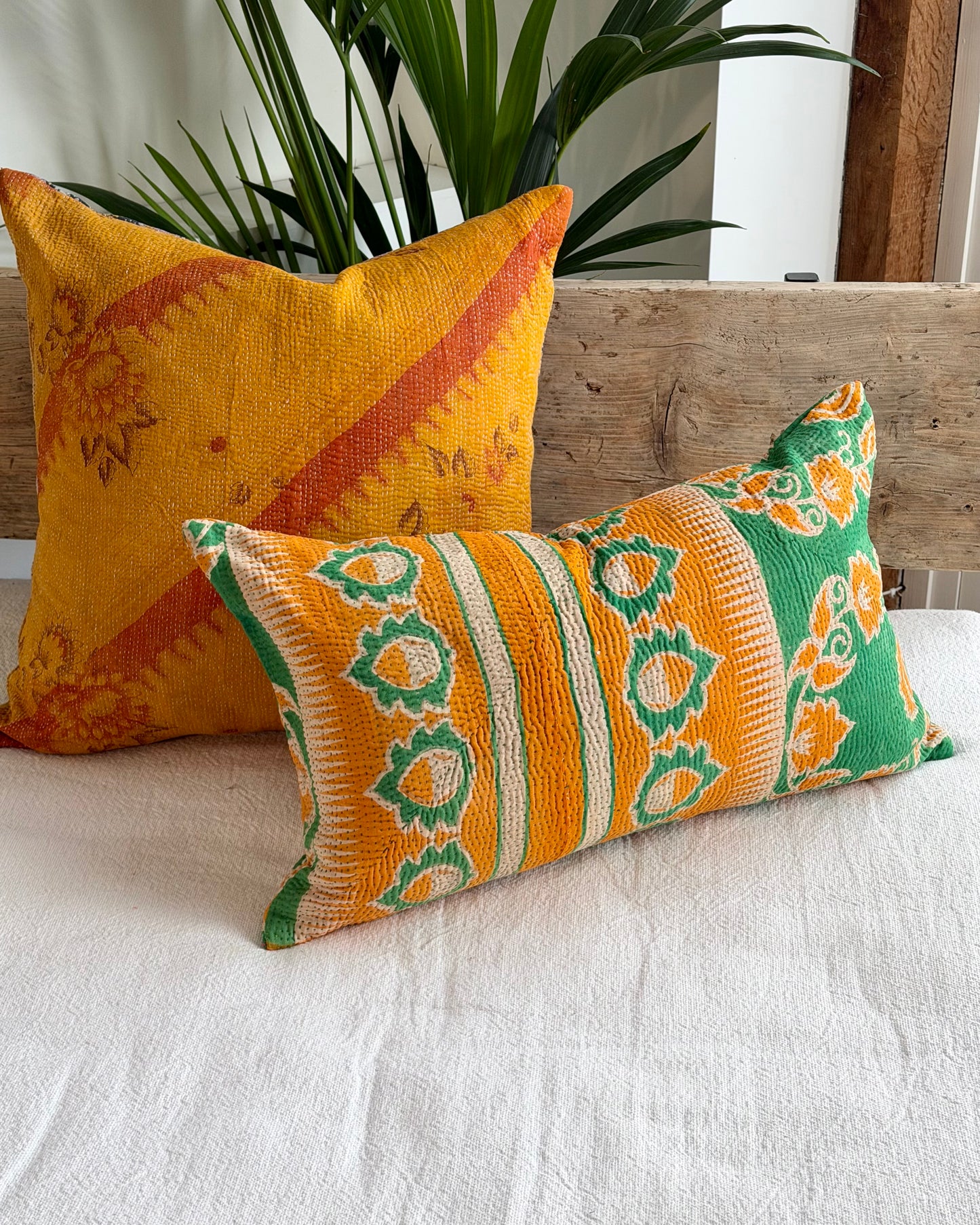 Vintage Kantha Cushion In Green and Orange - Small Rectangular