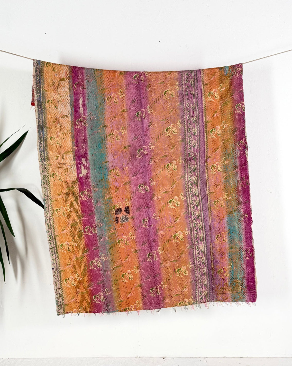 Textured Vintage Kantha Quilt in Pink and Yellow Stripes - Biggs & Hill