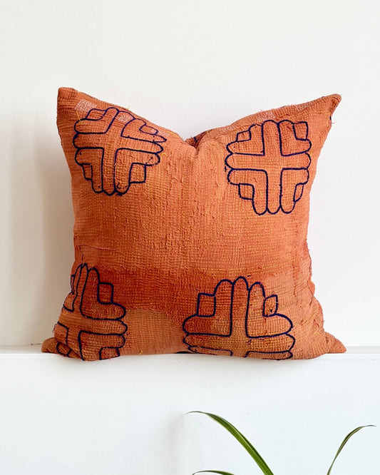 Vintage Kantha Cushion In Terracotta 04 - 50cm Square - Biggs & Hill