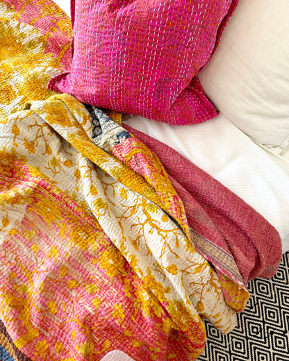 Extra Large Large Fine Stitched Vintage Kantha Quilt in Pink and Yellow