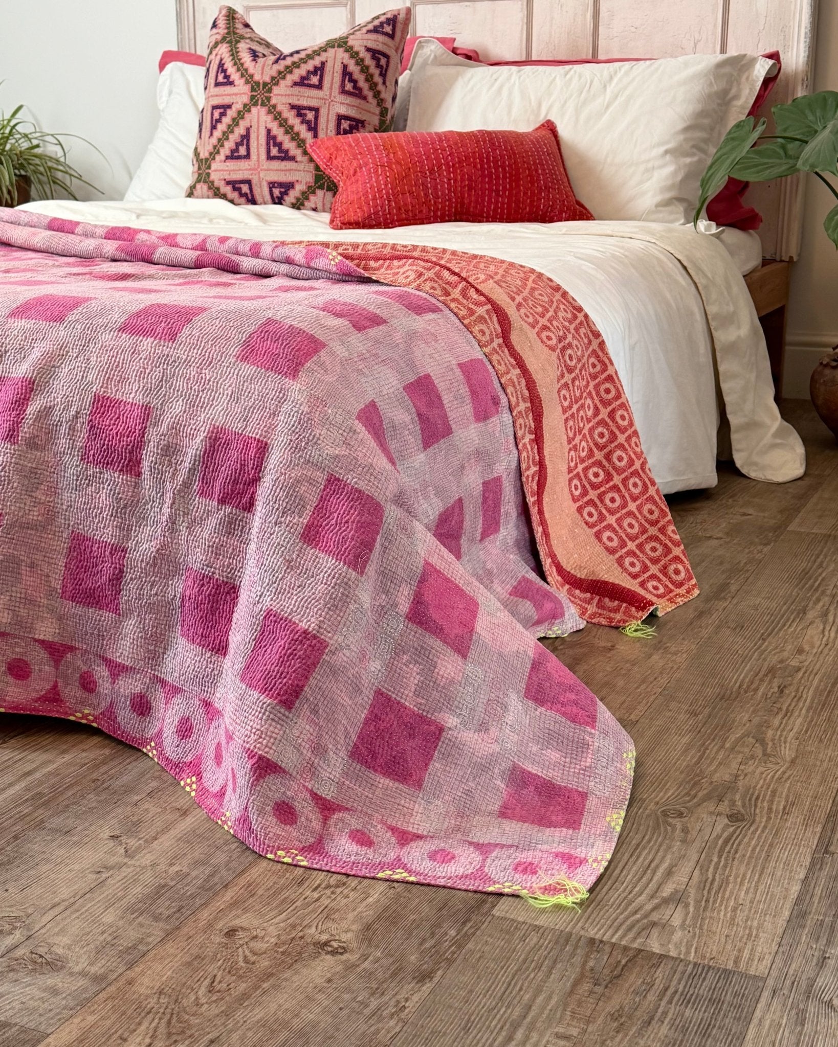 Large Fine Stitched Vintage Kantha Quilt With Pink Squares - Biggs & Hill