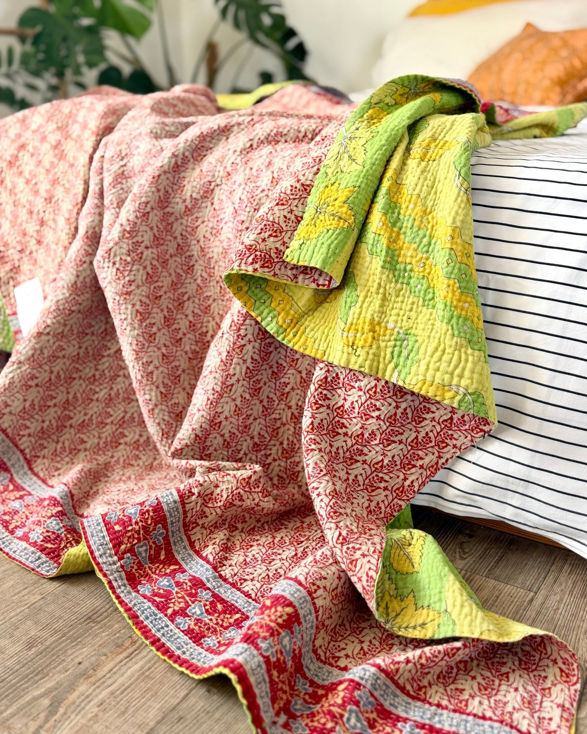 Large Fine Stitched Vintage Kantha Quilt in Bright Green and Red Floral - Biggs & Hill