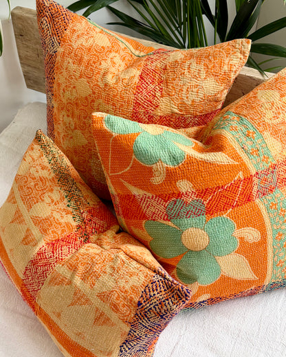 Vintage Kantha Cushion In Floral Orange - 45cm Square
