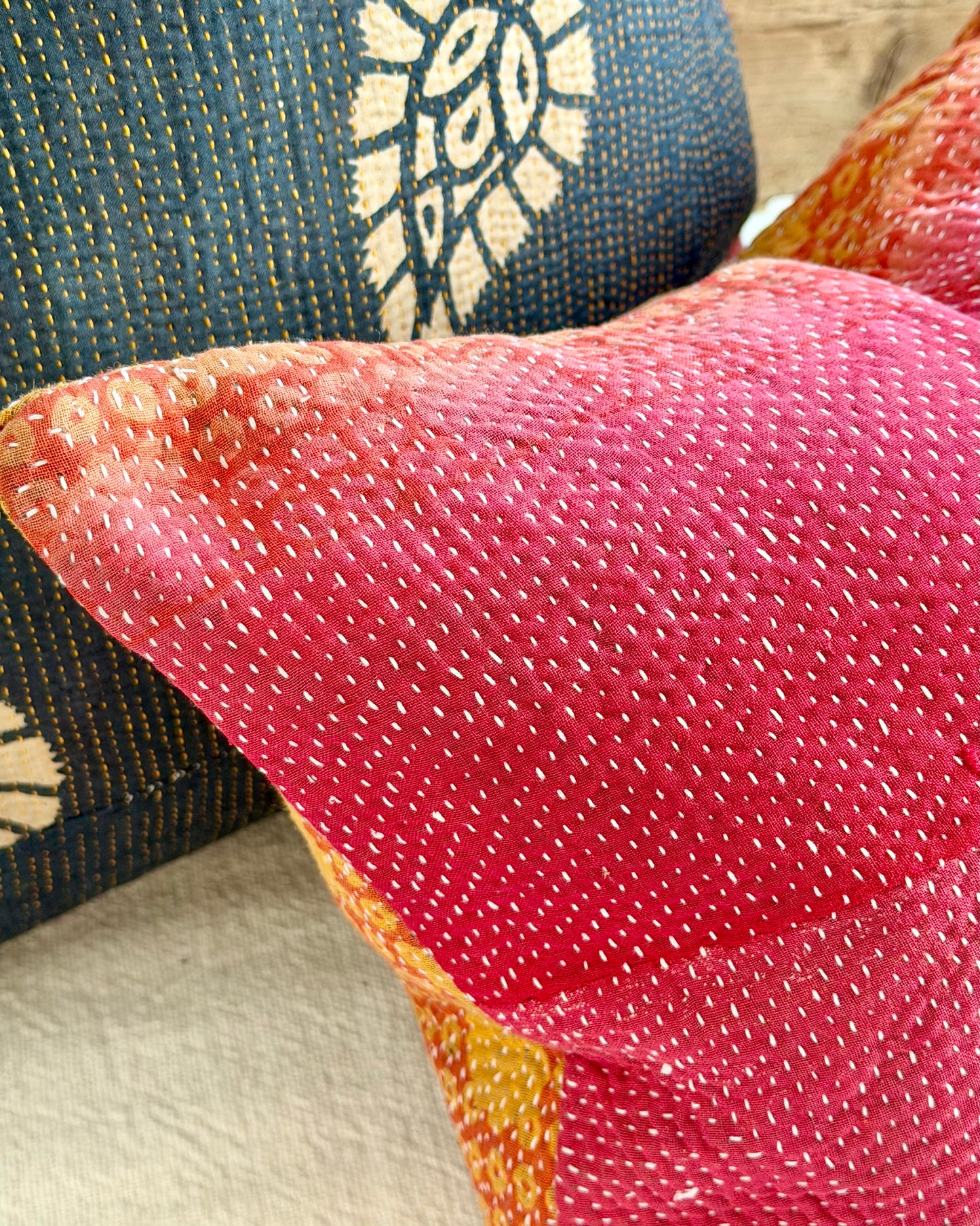 Vintage Kantha Cushion In Pink and Yellow - Small Rectangular