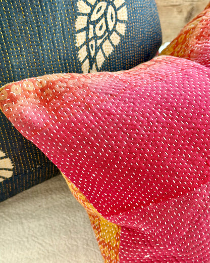 Vintage Kantha Cushion In Pink and Yellow - Small Rectangular