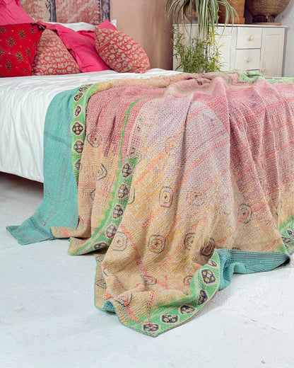 Large Embroidered Vintage Kantha Quilt in Pink, Green and Blue