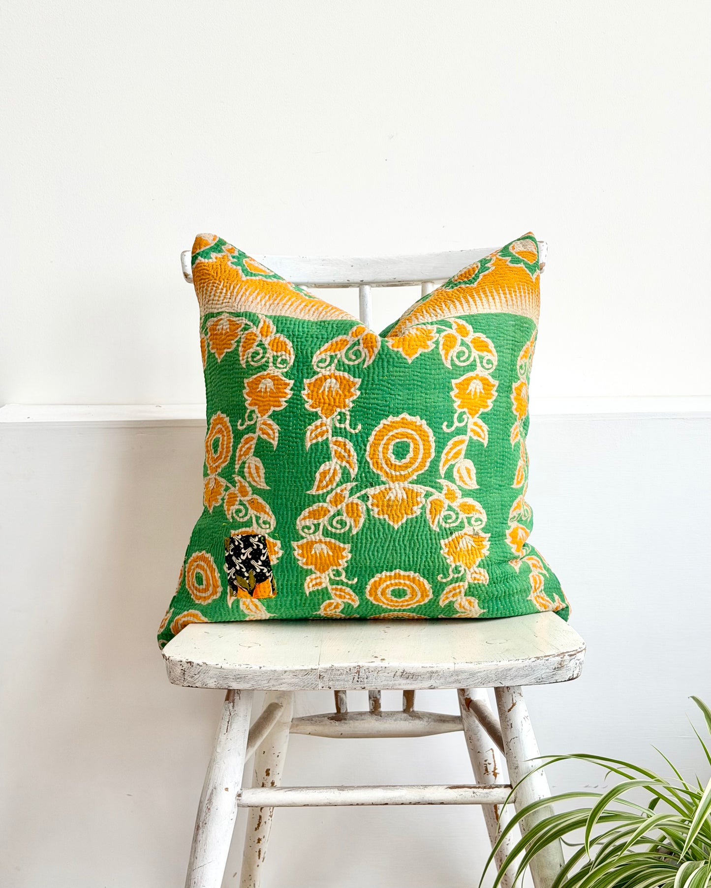Vintage Kantha Cushion In Green and Orange- 45cm Square