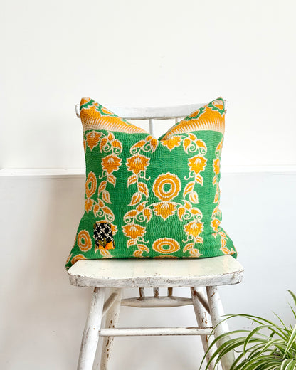 Vintage Kantha Cushion In Green and Orange- 45cm Square