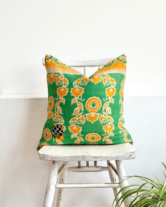 Vintage Kantha Cushion In Green and Orange- 45cm Square