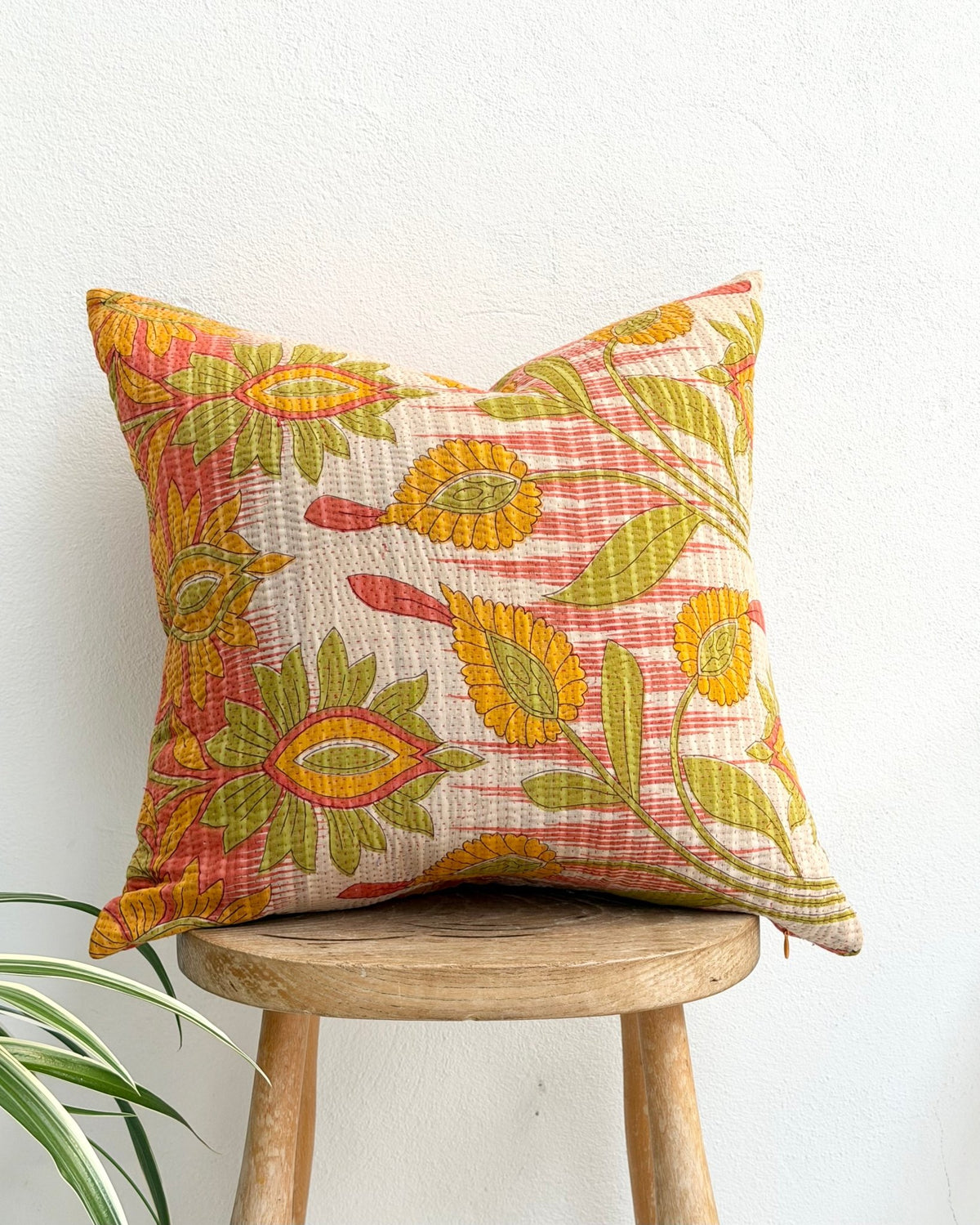 Handmade Vintage Kantha Cushion Cover In Retro Floral - 45cm (18") - Biggs & Hill