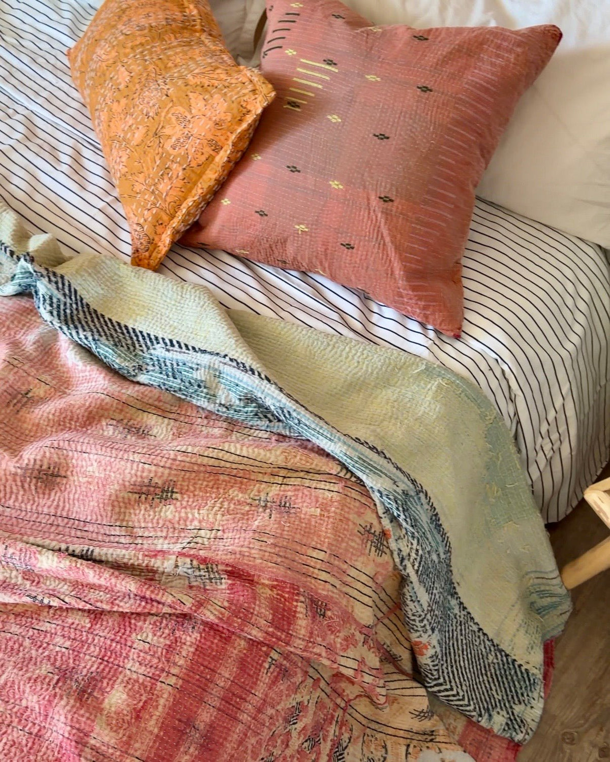 Large Textured Vintage Kantha Quilt in Peachy Pink and Yellow - Biggs & Hill