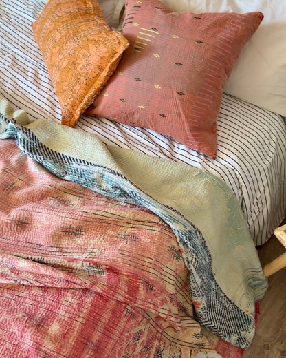 Large Textured Vintage Kantha Quilt in Peachy Pink and Yellow - Biggs & Hill