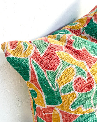 Handmade Vintage Kantha Cushion Cover In Green and Yellow - 45cm (18") Square - Biggs & Hill