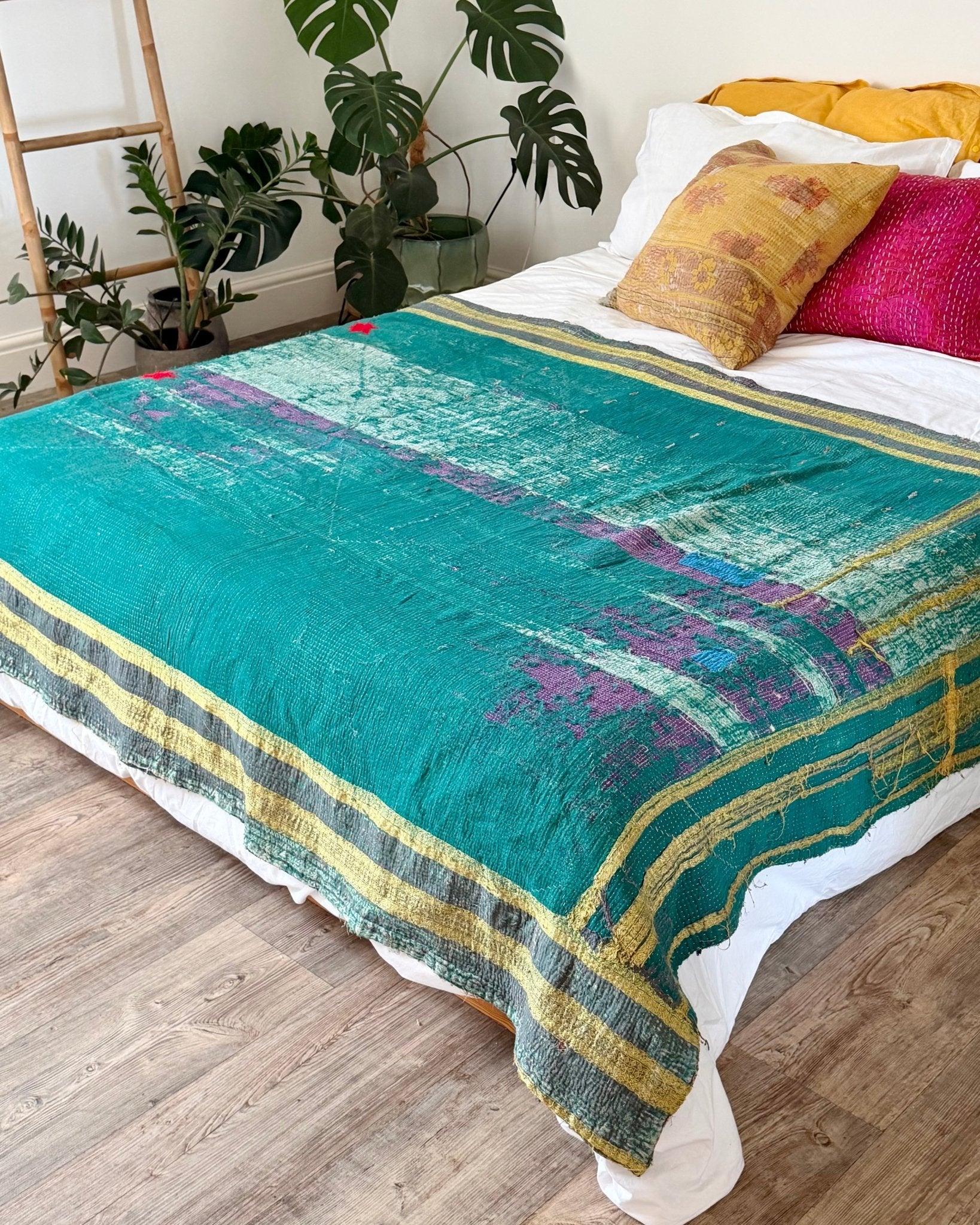 Fine Stitched Embroidered Vintage Kantha Quilt in Green and Gold - Biggs & Hill