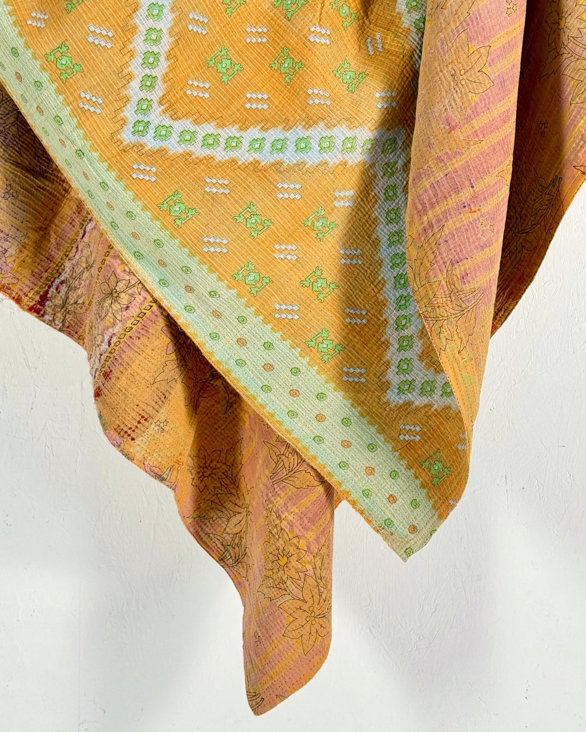 Extra Large Fine Stitched Vintage Kantha Quilt in Geometric Yellow and Green - Biggs & Hill