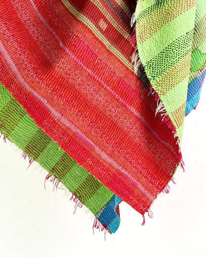 Heavy Kantha Blanket Quilt With Red Stripes And Green Back - Biggs & Hill