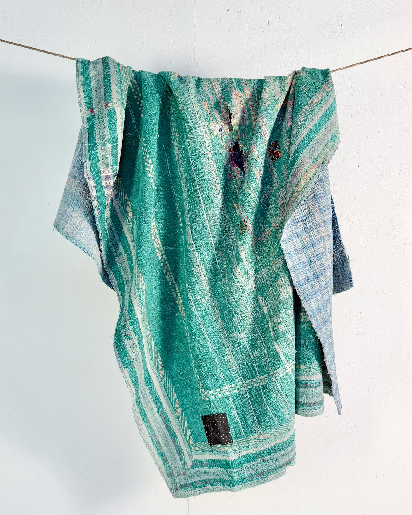 Project Kantha Quilt: Green and Blue With Authentic Aged Texture