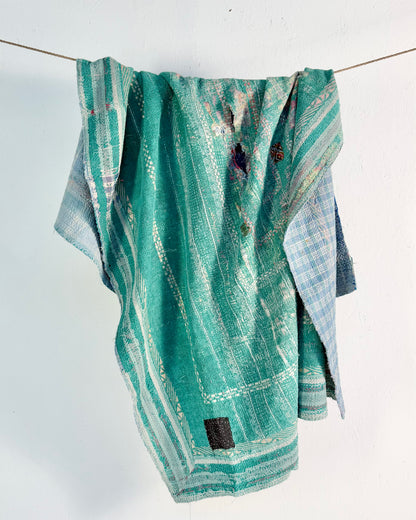Project Kantha Quilt: Green and Blue With Authentic Aged Texture