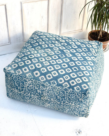 Extra Large Square Kantha Pouf Cushion Cover in Indigo Block Print