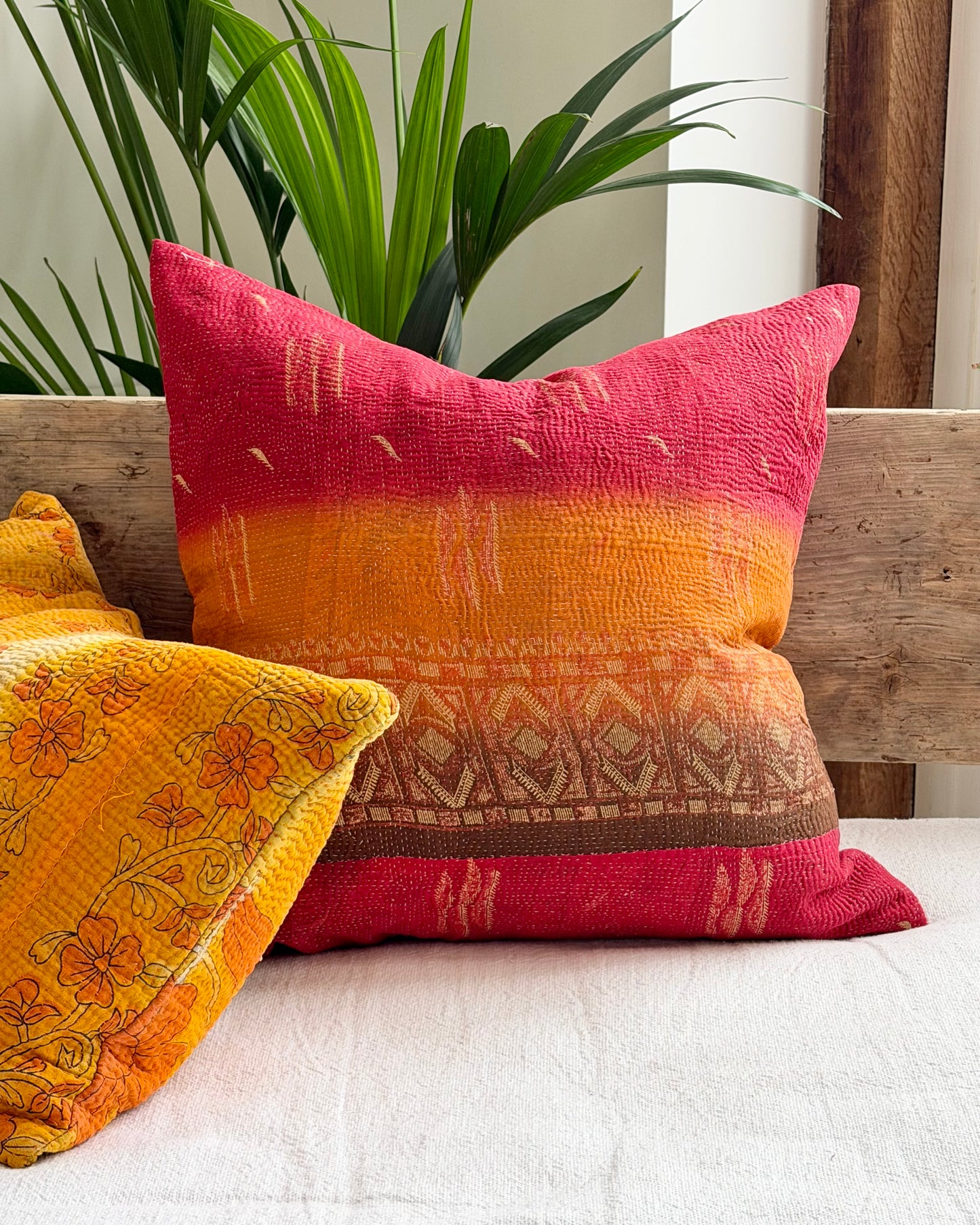 Vintage Kantha Cushion In Sunset Red and Orange - 45cm Square