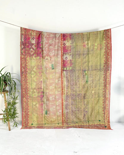 Large Textured Vintage Kantha Quilt In Soft Yellow, Green, Pink and Blue - Biggs & Hill