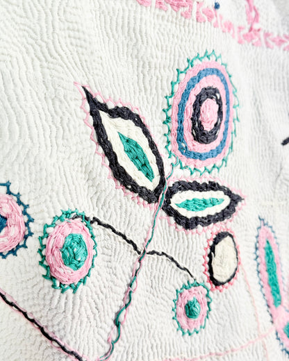 Project Kantha Quilt: White Nakshi Kantha With Tree Of Life Embroidery